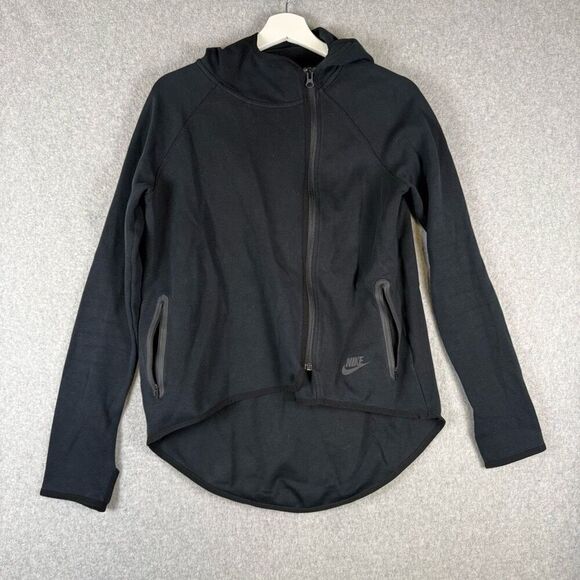 Nike Womens Small Tech Fleece Zip Front Hoodie Sweatshirt Black Tail Cape - Picture 1 of 8